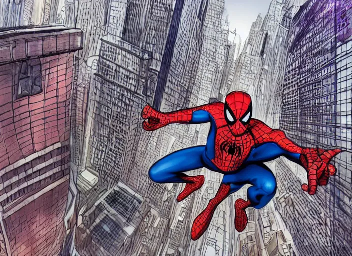 Prompt: three - point perspective illustration of spiderman swinging across manhattan, by kim jung gi, paul heaston, panaromic view. extremely wide angle shot, trending on art station, 4 k, vibrant lighting