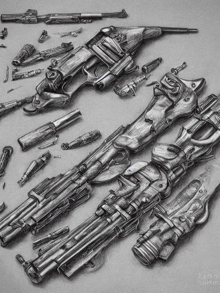 Prompt: detailed pencil etching of machine guns shotguns rifles revolvers bullets, drawing, ultrarealistic, intricate details, 4k