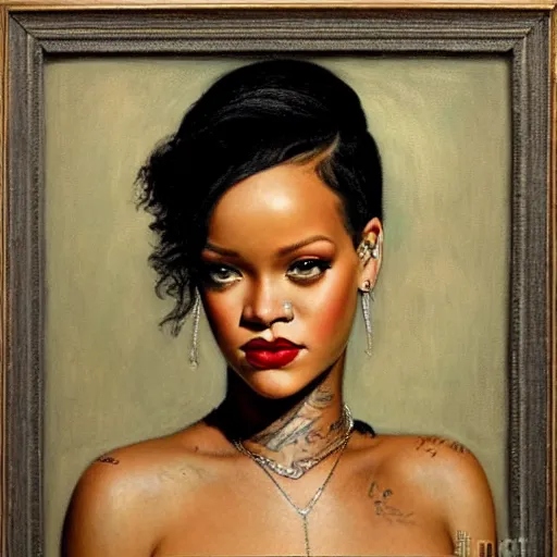 Prompt: a portrait of rihanna by edward robert hughes