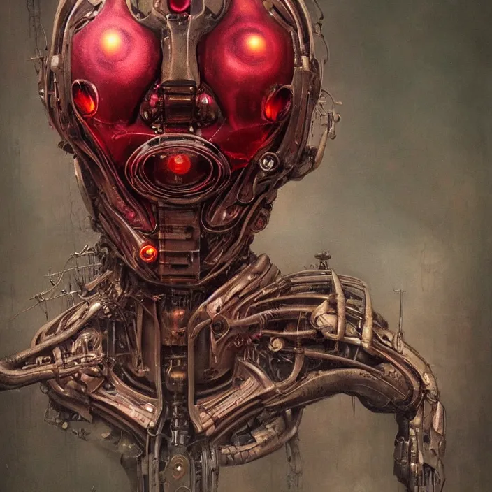 Image similar to in the art style of h. r. giger a portrait of a ruby ultron from age of ultron, clockwork steampunk, head and chest only, by beksinski, 4 k, deviantart, trending on artstation