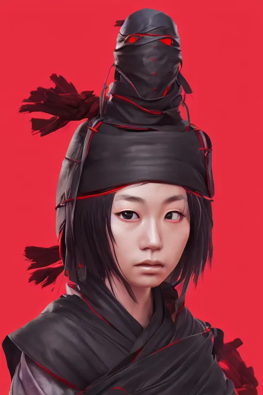 Image similar to full body native japanese young woman dressed like shinobi ninja, focused stare, partially masked, highly detailed, photobash, photorealistic render, trending on artstation, character design, red background, cinematic lighting