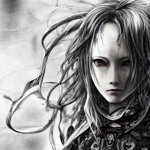 Image similar to yoshitaka amano realistic three quarter angle illustration of an anime girl with black eyes, wavy white hair fluttering in the wind and cracks on her face wearing elden ring armour with engraving, abstract black and white patterns on the background, noisy film grain effect, highly detailed, renaissance oil painting, weird portrait angle, blurred and dreamy old photo