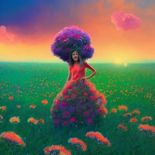 Image similar to giant flower afro, full body, girl standing in the middle of a field with flowers, surreal photography, hills, sunrise dramatic light, impressionist painting, colorful clouds, digital painting, pointillism, artstation, simon stalenhag