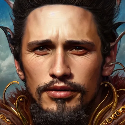 Image similar to closeup portrait shot of james franco as king oberon, fairy wings, lord of beasts, highly detailed, digital painting, artstation, concept art, soft focus, depth of field, artgerm, tomasz alen kopera, peter mohrbacher, donato giancola, wlop, boris vallejo