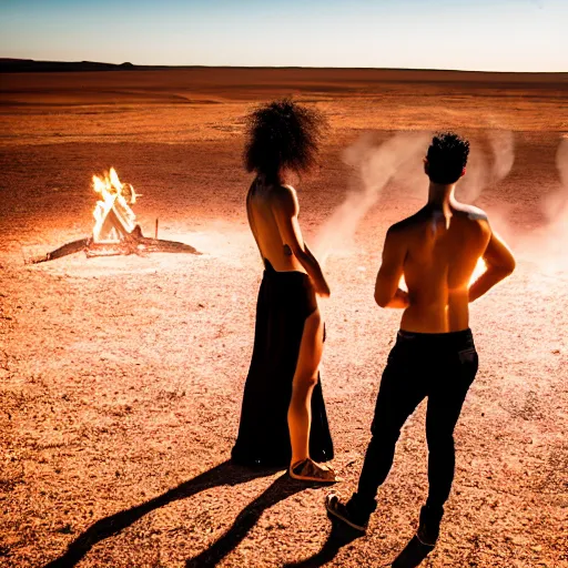 Image similar to photograph of three ravers, two men, one fully clothed woman, photographed from behind, talking around a fire, photorealistic, dancefloor kismet, diverse costumes, clean composition, desert transition area, bonfire, night, australian desert, xf iq 4, symmetry, sony a 7 r, 1 5 0 mp, 5 0 mm