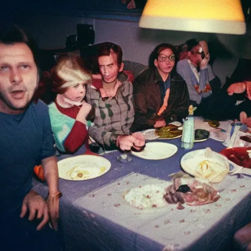 Image similar to alien creature at a soviet family dinner, 1 9 7 0 s photo, cinestill 8 0 0 t 3 5 mm, camera flash