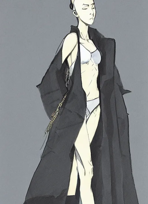 Image similar to a yoji shinkawa sketch of a slim girl with long legs wearing a one piece outfit and a long black coat inspired by a puffy japanese kimono designed by balenciaga