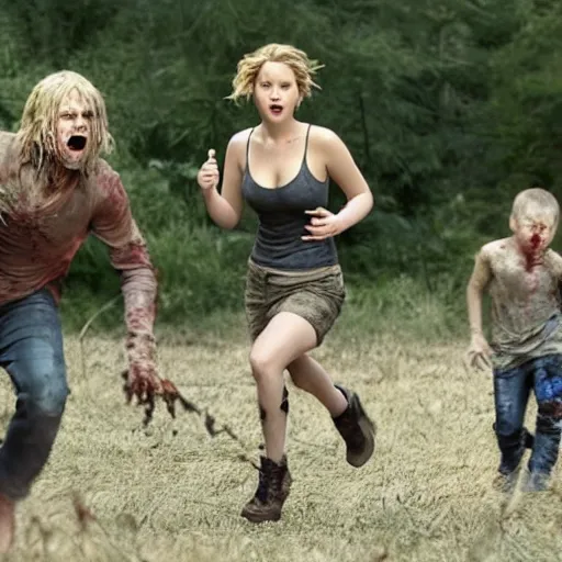 Prompt: jennifer lawrence zombie chases a family