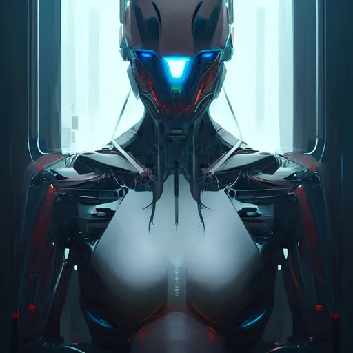 Prompt: professional concept art portrait of a predatory robotic species in a dark room by artgerm and greg rutkowski. an intricate, elegant, highly detailed digital painting, concept art, smooth, sharp focus, illustration, in the style of cam sykes.