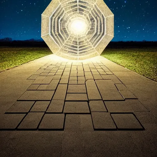 Image similar to mystical hexagonal portal in the night sky, made out of pure energy, hyperrealistic, photography