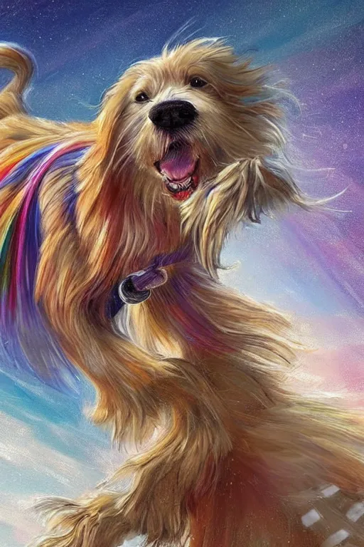 Image similar to a beautiful dog running happily towards its owners at the rainbow bridge, tall golden heavenly gates, amazing, stunning artwork, featured on artstation, cgosciety, behance