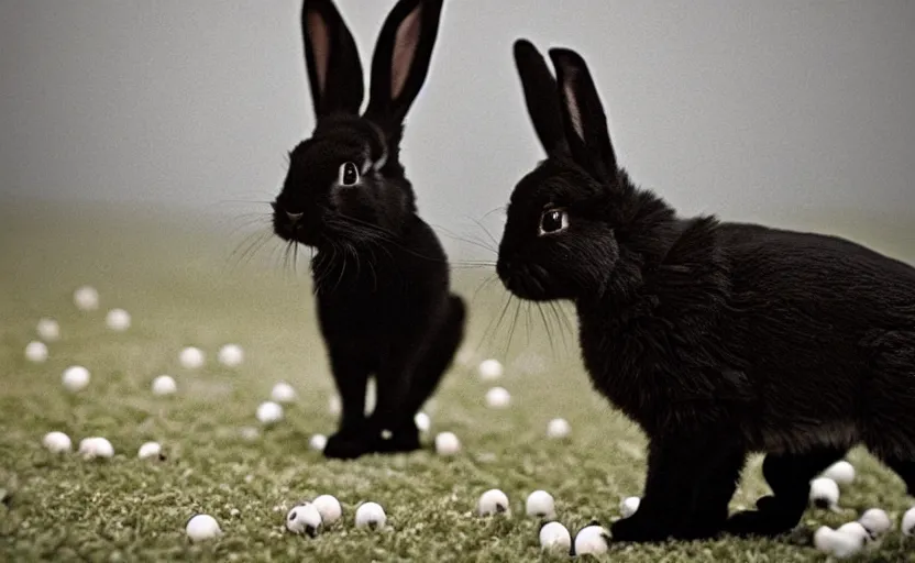 Prompt: a photo of a black bunny with white spots walking on a tightrope between the twin towers