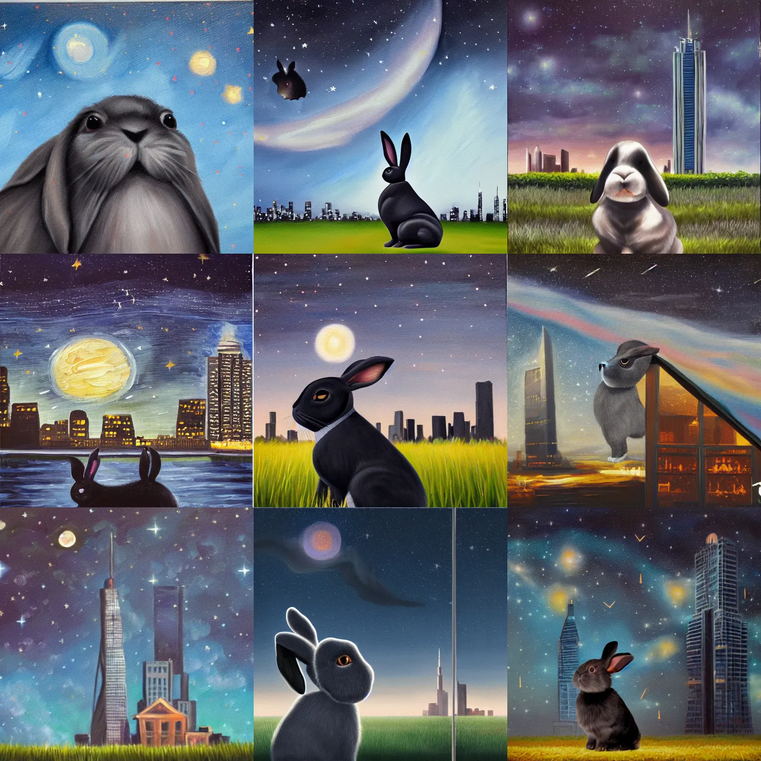 Prompt: oil painting of an enormous dark grey Holland lop rabbit next to a skyscraper, cinematic lighting, starry sky, dreamy