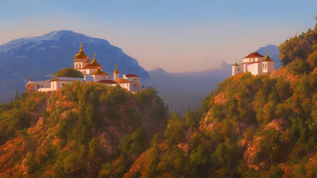 Image similar to High-Quality realist painting of an orthodox monastery on top of a mountain at dawn, peaceful, very detailed, digital art.