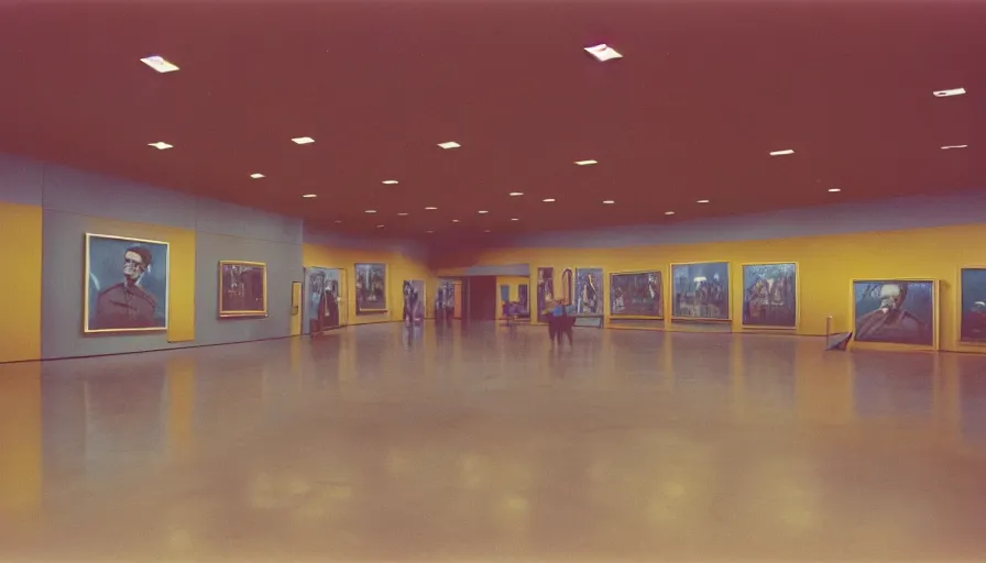 Image similar to 60s movie still of a sovietic stalinist style empty art museum with a soviet congress with yellow wall, cinestill 800t 35mm, liminal Space style, heavy grain