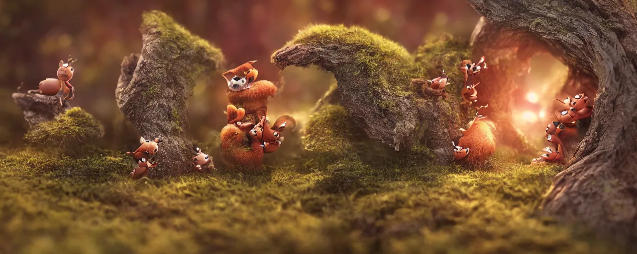 Image similar to tiny cute forest creatures seeking shelter by bobby chiu, at sunset, macro photography, goro fujita, cute, adorable, cinematic, happy, detailed, 8 k