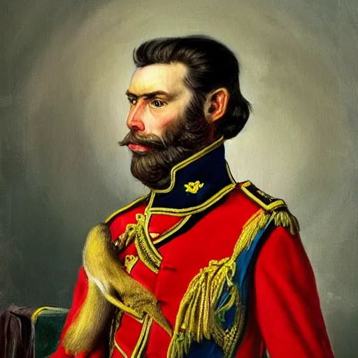 Prompt: An exquisite modern painting of a monkey dressed like a bearded Napoleon with correct military uniform, no frames