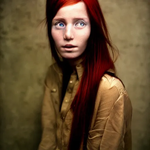 Prompt: photoportrait young beautiful red hair woman with a well cut jaw round cheeks and blue eyes by Steve McCurry