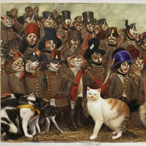 Prompt: a cat wearing napoleon's hat with a crowd of cats wearing helmets behind him. they're on a road.