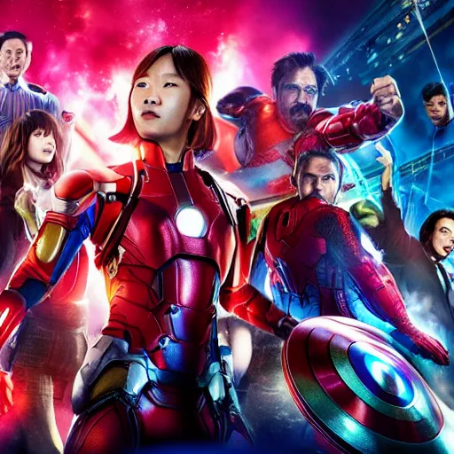 Image similar to Mayu Iwatani joins the Avengers , promo photo, hyper detailed, octane render, 4k, dramatic, cinematic lighting