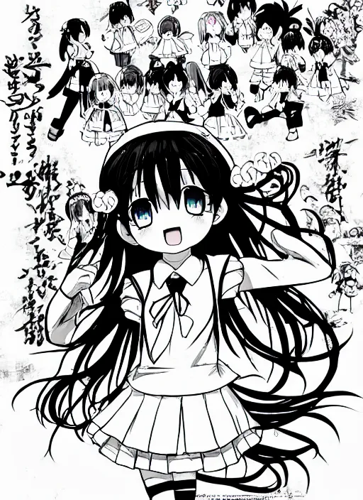 Image similar to manga style, black and white manga, multi - panel kawaii chibi manga, school girl kuudere, by gen urobuchi and yuyuko takemiya, japanese language