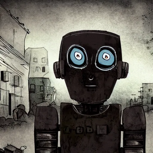 Prompt: a sad robot in a street of a post apocalyptic city, digital art