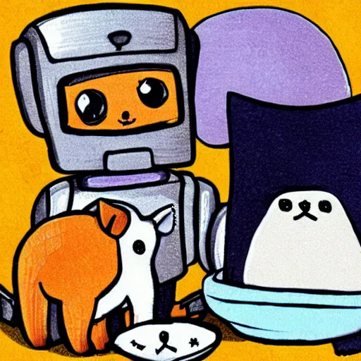 Image similar to a robot cuddling kittens, cartoon