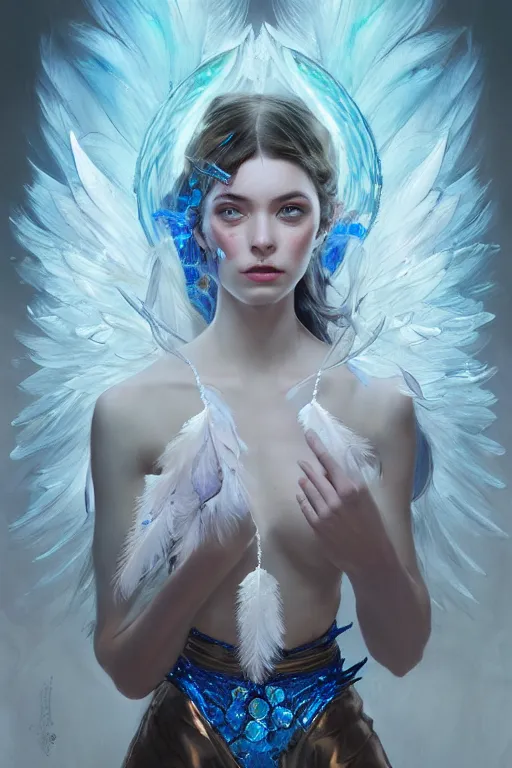 Image similar to beautiful model wearing crystal white feathers, blue magic, diamonds, angel, fantasy, dramatic lighting, highly detailed, digital painting, holding electricity, magic the gathering, hyper detailed, 3 d render, hyper realistic detailed portrait, peter mohrbacher, wlop, ruan jia