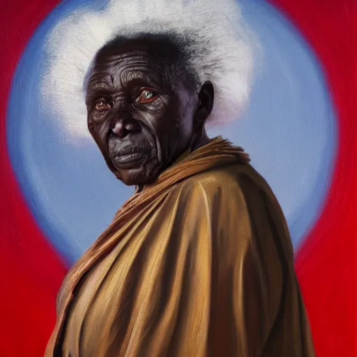 Image similar to a painting of a wise elder from Kenya by Lynette Yiadom-Boakye . dramatic angle, ethereal lights, details, smooth, sharp focus, illustration, realistic, cinematic, artstation, award winning, rgb , unreal engine, octane render, cinematic light, macro, depth of field, blur, red light and clouds from the back, highly detailed epic cinematic concept art CG render made in Maya, Blender and Photoshop, octane render, excellent composition, dynamic dramatic cinematic lighting, aesthetic, very inspirational, arthouse.