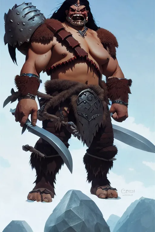 Image similar to orc barbarian wearing leather armor, full body shot, exquisite details, earth magic, mid view, design on a white background, by studio muti, greg rutkowski, makoto shinkai, takashi takeuchi, studio ghibli