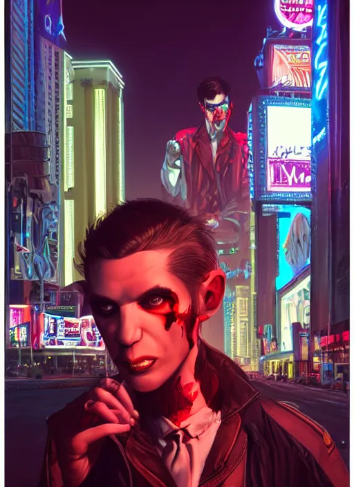 Image similar to 35mm kodak portra portrait of a shadowrun vampire on the Las Vegas strip at night by tomer hanuka and tom bagshaw, handsome face, blood, urban fantasy, hyper realism, high detail, octane render, 8k, trending on artstation, CGsociety, concept art