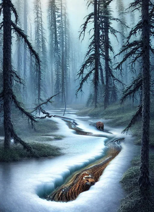 Prompt: a hyper-detailed 3d render like a Oil painting of beautiful-illusions of the Taiga ecosystem, surrealism!!!!! surreal concept art, lifelike, photorealistic, digital painting, aesthetic, smooth, sharp focus, Artstation HD, by Greg Rutkowski, Chris Tulloch McCabe, Valentina Remenar and Asher Duran,