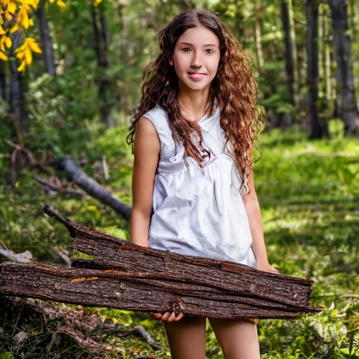Prompt: a middle-school girl with unkempt wavy short brown hair wearing a white dress and holding a bundle of firewood, high resolution film still, 8k, HDR color