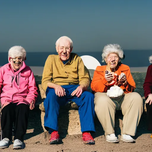 Image similar to an group of elderly people on the surface of the moon, 🌕, 🍦, eating ice - cream, canon eos r 3, f / 1. 4, iso 2 0 0, 1 / 1 6 0 s, 8 k, raw, unedited, symmetrical balance, wide angle