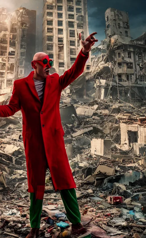 Prompt: cinematic scene of a bald comedian wearing sunglasses in red coat and green pants performing comedy show on top of dead bodies in streets of an apocalyptic metropolis destroyed after war, dead women, dead child, dead old, dramatic lighting, insane details