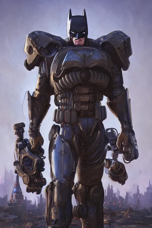 Image similar to batman hardmesh retro futurist steampunk fallout 7 6 power armor, hyper realistic, art cover, official fanart behance hd artstation by jesper ejsing, by rhads, makoto shinkai, final fantasy, unreal engine highly rendered, global illumination, radiant light, intricate environment radiating a glowing aura global illumination ray tracing hdr