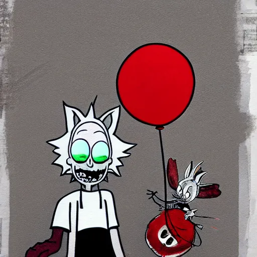 Prompt: grunge painting of bugs bunny with a wide smile and a red balloon rick and morty style, creepy lighting, horror theme, detailed, elegant, intricate, conceptual