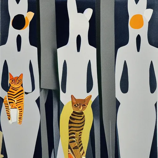 Prompt: A tabby cat wearing clothes designed by Issey Miyake painted by Alex Katz