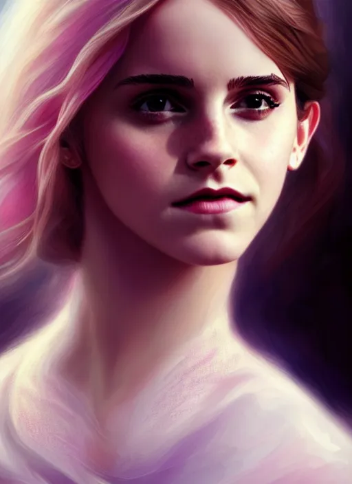 Image similar to emma watson as magic healer, long hair, white and pink cloth, shiny background, intricate, elegant, highly detailed, digital painting, artstation, concept art, smooth, sharp focus, illustration, artgerm, bouguereau