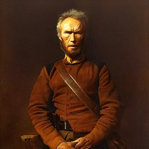 Prompt: clint eastwood proudly posing for a portrait, painted by rembrandt, intricate, ultra detailed painting, atmospheric lighting, golden hour