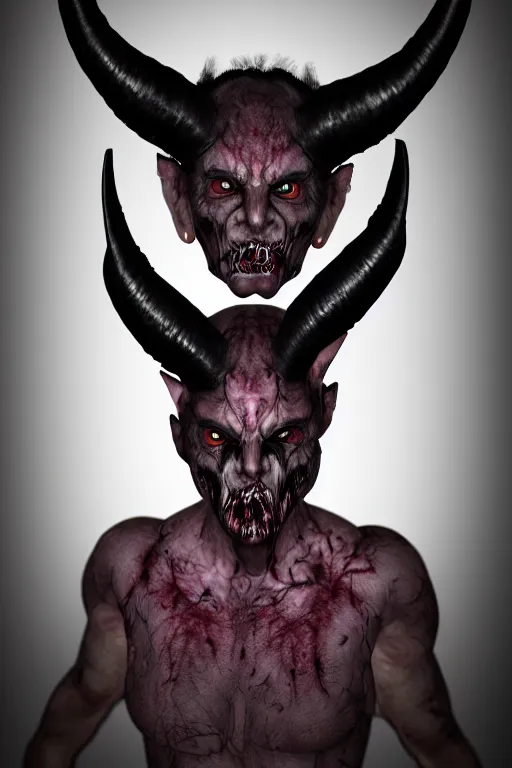 Image similar to man demon hybrid, full black eyes, spiral horns, character portrait, soft studio lighting, Pentax 35mm camera photorealistic, horror