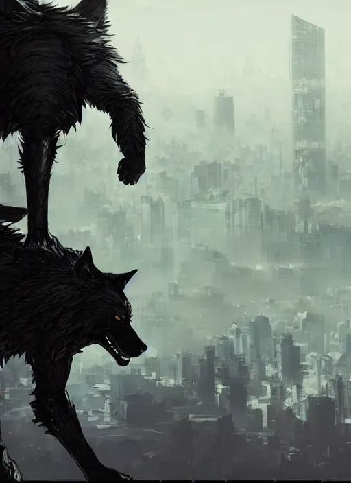 Image similar to Giant wolf towering over a city. In style of Yoji Shinkawa and Hyung-tae Kim, trending on ArtStation, dark fantasy, great composition, concept art, highly detailed, dynamic pose.