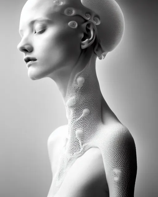 Prompt: dreamy foggy elegant soft luminous bw profile face portrait photo, beautiful young biomechanical - porcelain - female - cyborg with a delicate detailed mandelbrot fractal texture skin and a very long neck with gothic pearl embroidered collar, halo, white smoke atmosphere, rim light, by cecile beaton, 8 k