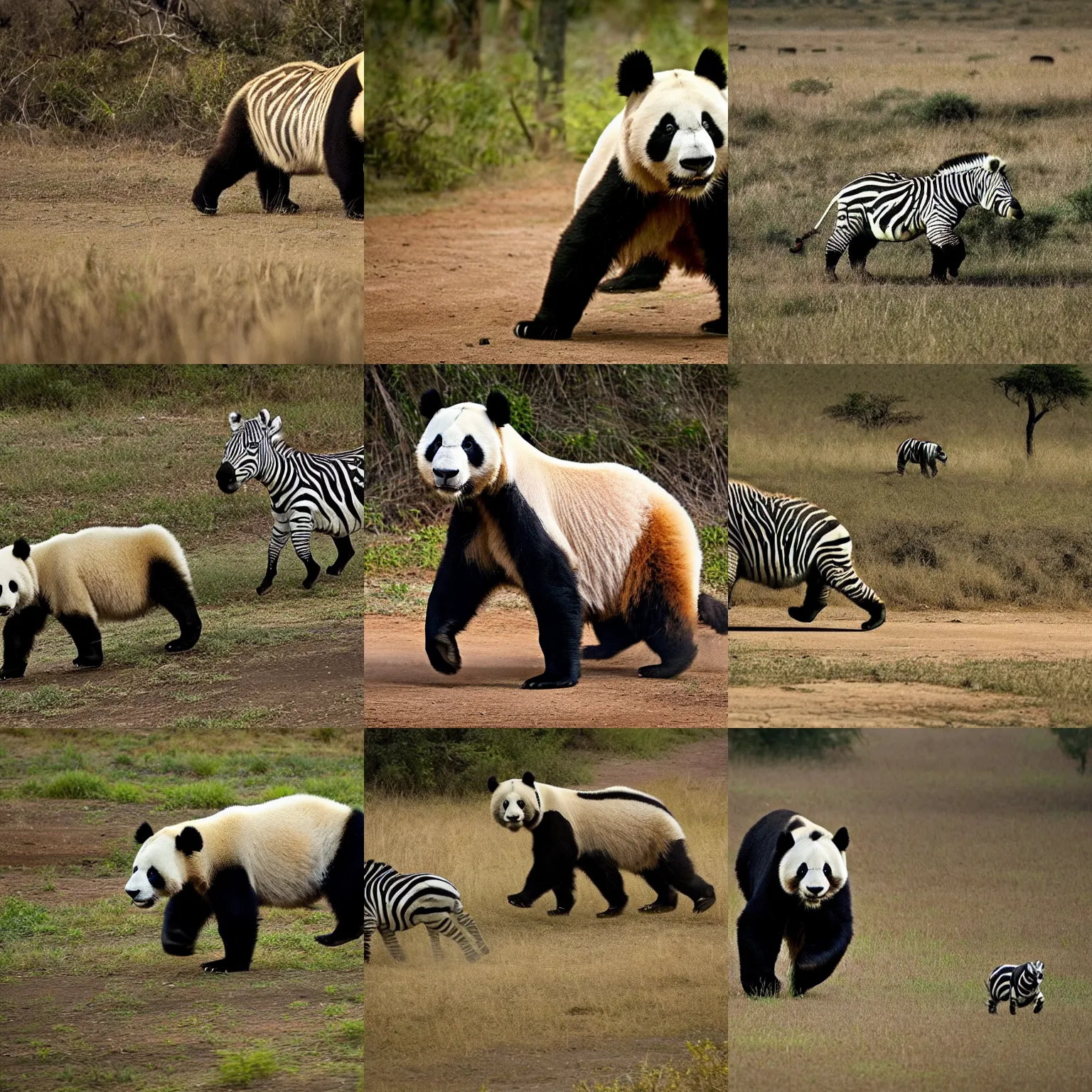 Prompt: alone wild animal having a head of a giant panda and a body of a zebra, running in savannah, national geographic photo award