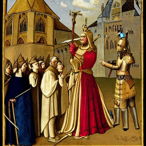 Prompt: joan of arc enters orleans by jean - jacques scherrer, but joan has a golden crown