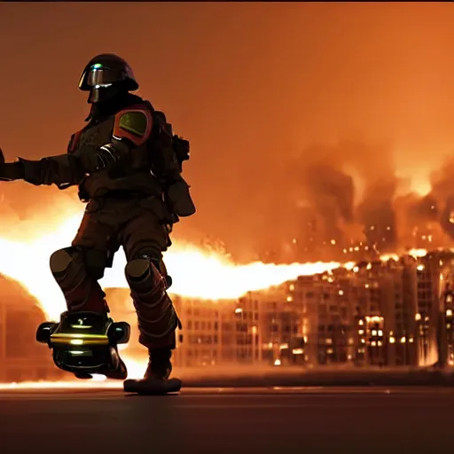 Image similar to An Armored soldier riding a hoverboard with several buildings on fire behind him, cinematic lighting, highly detailed, 8k octane render