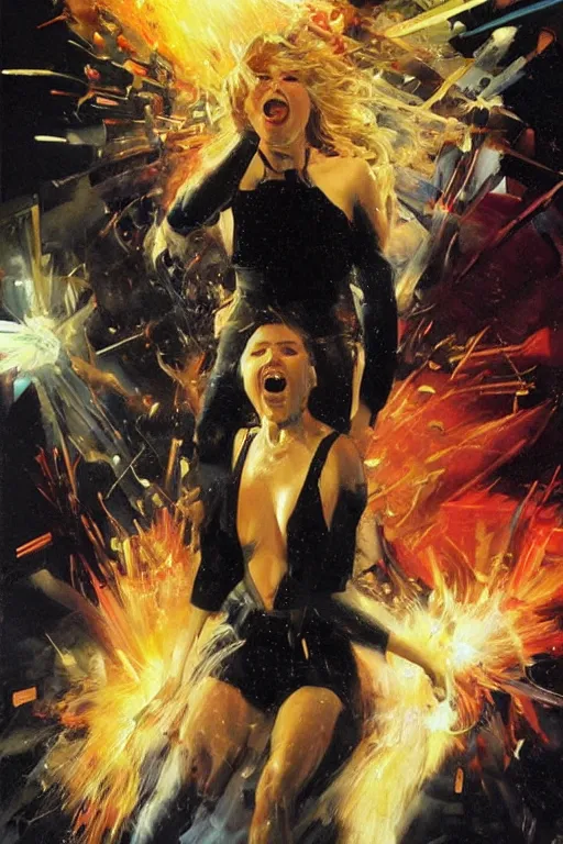 Prompt: uhd hyperrealistic photorealisitc hyperdetailed detailed kim wexler screaming, motion lines!!!! sparks flying!!! motion blur!! with sparking circuits, studio lighting, by phil hale!!!! goya!!! ayami kojima amano karol bak, greg hildebrandt and mark brooks