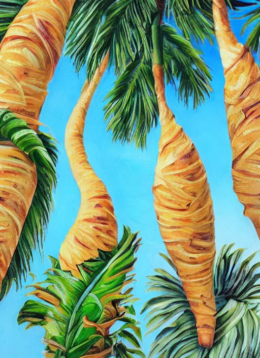 Image similar to baguettes grow instead of bananas on a palm tree, intricately detailed acrylic painting