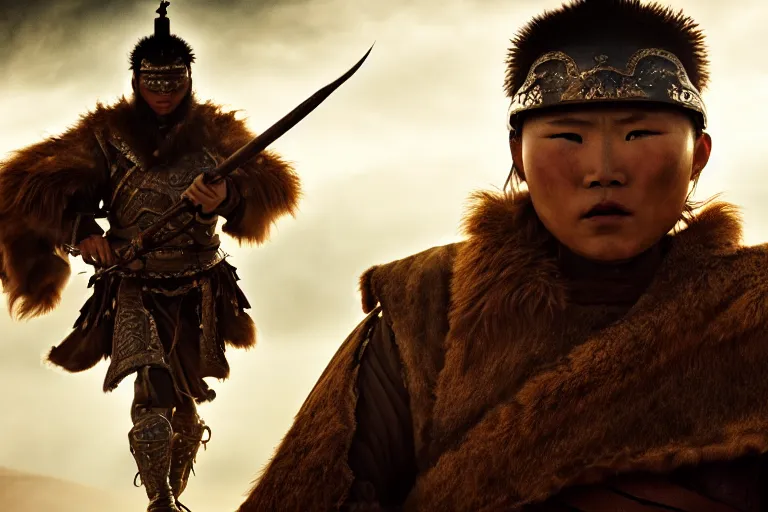 Image similar to vfx film closeup, futuristic mongolian warriors, flat color profile low - key lighting award winning photography arri alexa cinematography, hyper real photorealistic cinematic, atmospheric cool colorgrade