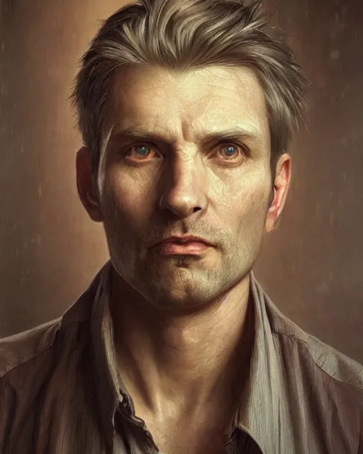 Image similar to portrait of 4 0 - year - old man, with a pale face with premature lines, and light brown hair going grey, wearing in shirt, hyper realistic face, beautiful eyes, fantasy art, in the style of greg rutkowski, intricate, alphonse mucha, hyper detailed, smooth